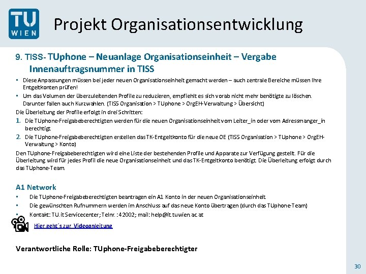 Projekt Organisationsentwicklung 9. TISS- TUphone – Neuanlage Organisationseinheit – Vergabe Innenauftragsnummer in TISS •