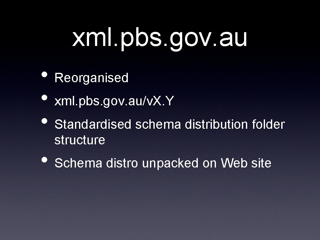 xml. pbs. gov. au • Reorganised • xml. pbs. gov. au/v. X. Y •