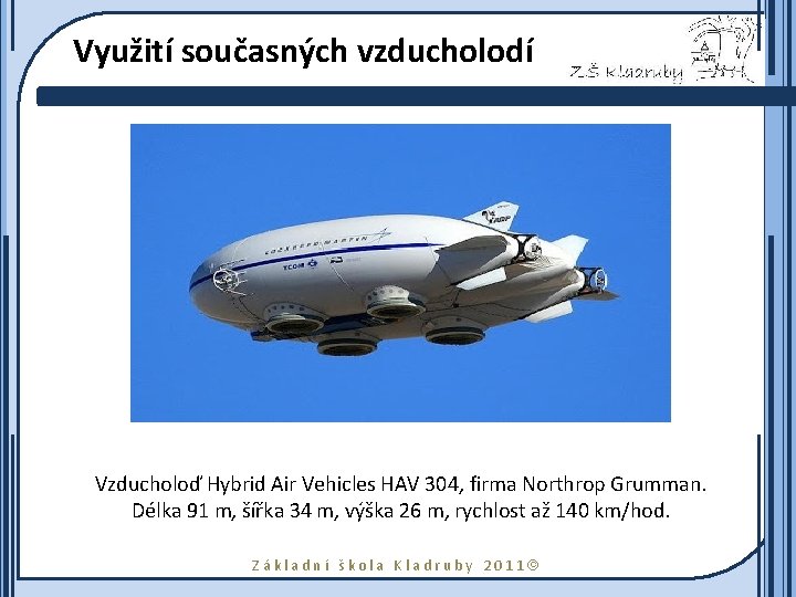 Využití současných vzducholodí Vzducholoď Hybrid Air Vehicles HAV 304, firma Northrop Grumman. Délka 91