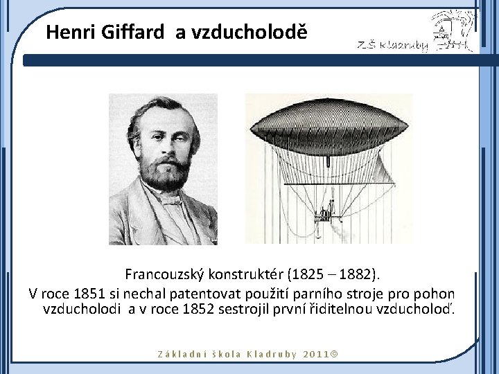 Henri Giffard a vzducholodě Francouzský konstruktér (1825 – 1882). V roce 1851 si nechal