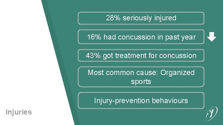 28% seriously injured 16% had concussion in past year 43% got treatment for concussion