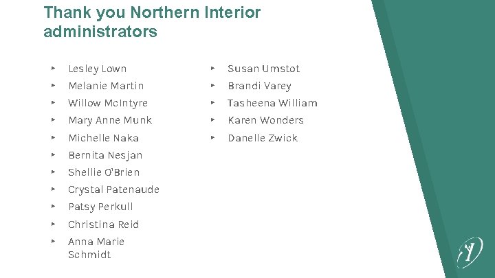 Thank you Northern Interior administrators ▸ Lesley Lown ▸ Susan Umstot ▸ Melanie Martin