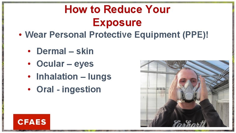 How to Reduce Your Exposure • Wear Personal Protective Equipment (PPE)! • • Dermal