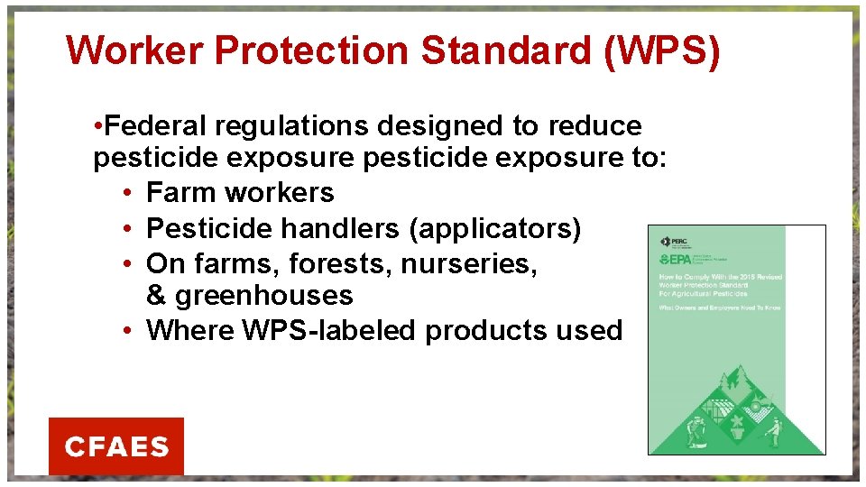 Worker Protection Standard (WPS) • Federal regulations designed to reduce pesticide exposure to: •