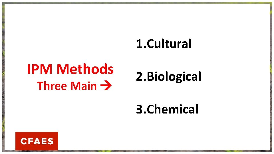 1. Cultural IPM Methods Three Main 2. Biological 3. Chemical 