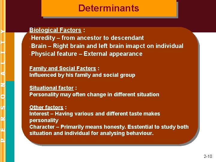 Y T Biological Factors : -Heredity – from ancestor to descendant -Brain – Right