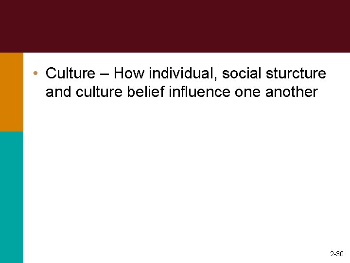  • Culture – How individual, social sturcture and culture belief influence one another