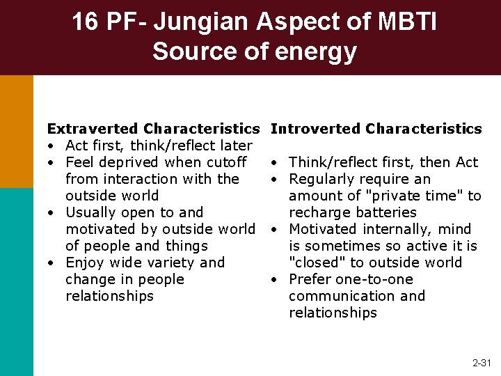 16 PF- Jungian Aspect of MBTI Source of energy Extraverted Characteristics • Act first,