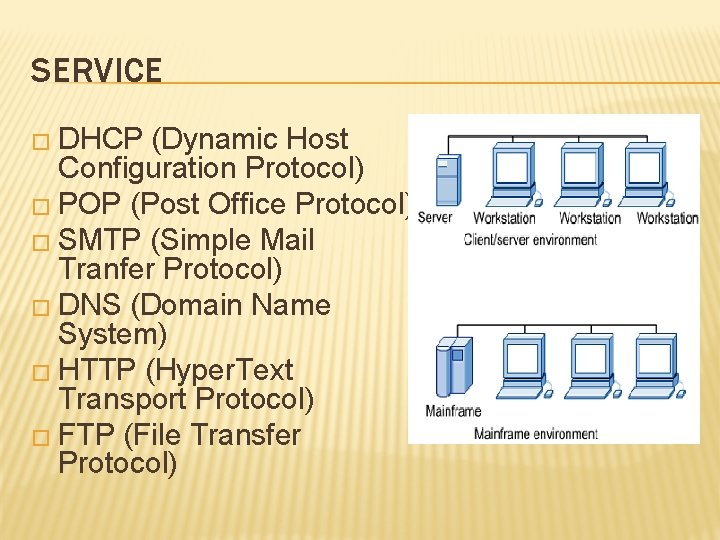 SERVICE � DHCP (Dynamic Host Configuration Protocol) � POP (Post Office Protocol) � SMTP