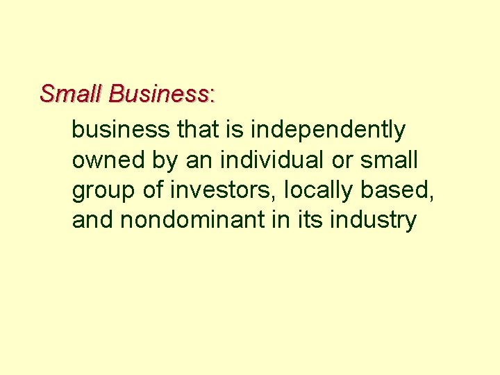 Small Business: business that is independently owned by an individual or small group of