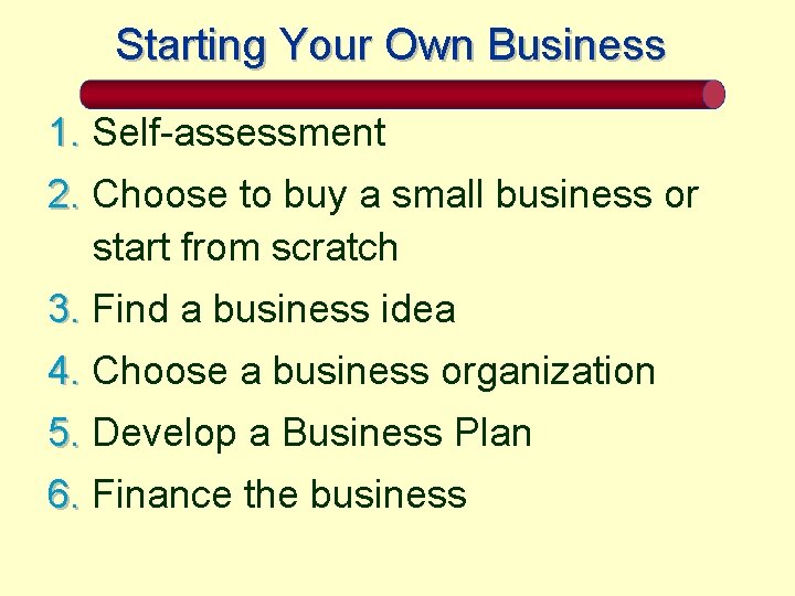Starting Your Own Business 1. Self-assessment 2. Choose to buy a small business or