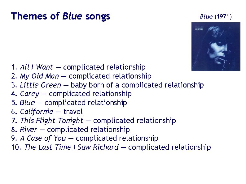 Themes of Blue songs Blue (1971) 1. All I Want — complicated relationship 2. Themes of Blue songs Blue (1971) 1. All I Want — complicated relationship 2.