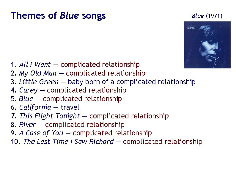 Themes of Blue songs Blue (1971) 1. All I Want — complicated relationship 2. Themes of Blue songs Blue (1971) 1. All I Want — complicated relationship 2.