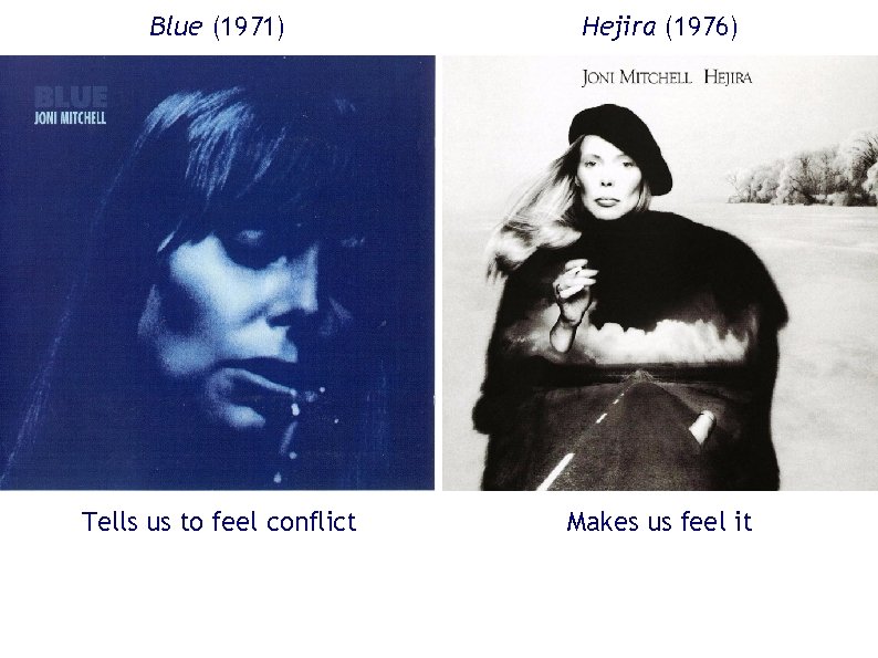 Blue (1971) Hejira (1976) Tells us to feel conflict Makes us feel it Blue (1971) Hejira (1976) Tells us to feel conflict Makes us feel it
