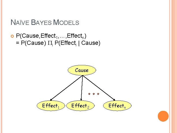 NAÏVE BAYES MODELS P(Cause, Effect 1, …, Effectn) = P(Cause) Pi P(Effecti | Cause)
