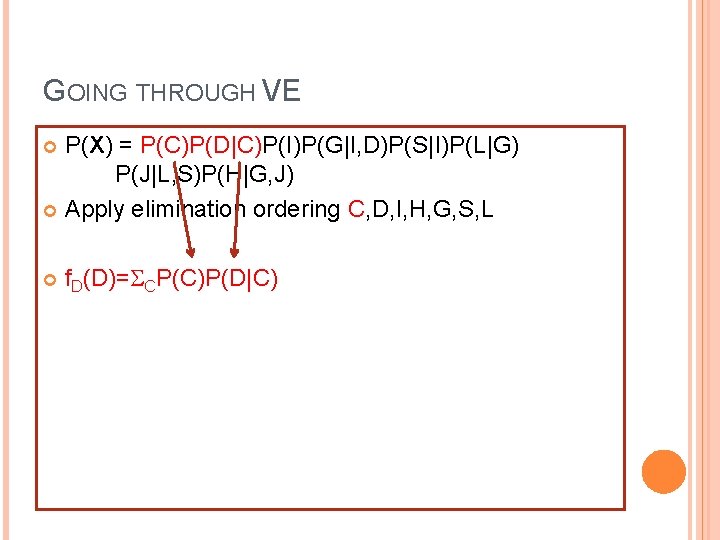 GOING THROUGH VE P(X) = P(C)P(D|C)P(I)P(G|I, D)P(S|I)P(L|G) P(J|L, S)P(H|G, J) Apply elimination ordering C,