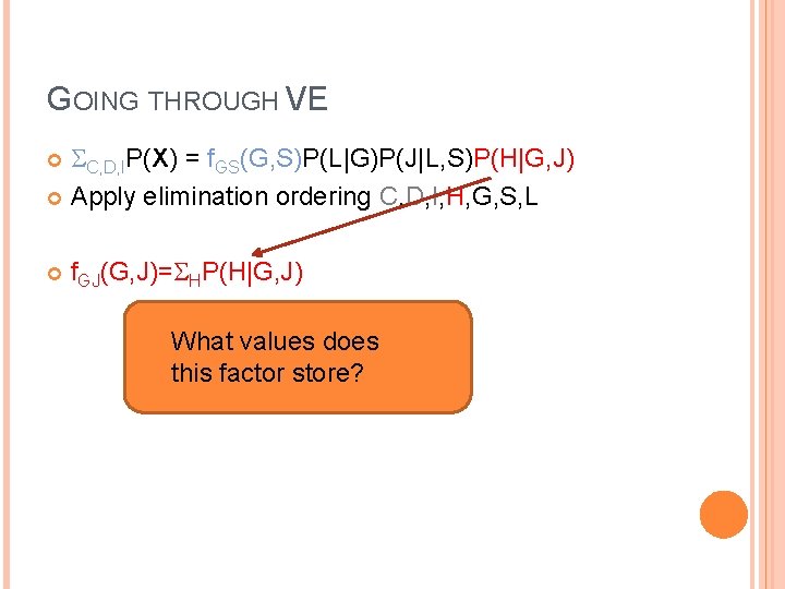 GOING THROUGH VE C, D, IP(X) = f. GS(G, S)P(L|G)P(J|L, S)P(H|G, J) Apply elimination