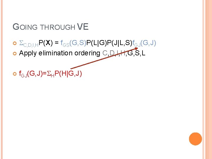 GOING THROUGH VE C, D, I, HP(X) = f. GS(G, S)P(L|G)P(J|L, S)f. GJ(G, J)