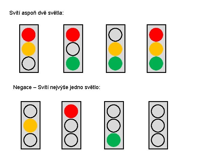 Svítí aspoň dvě světla: Negace – Svítí nejvýše jedno světlo: 