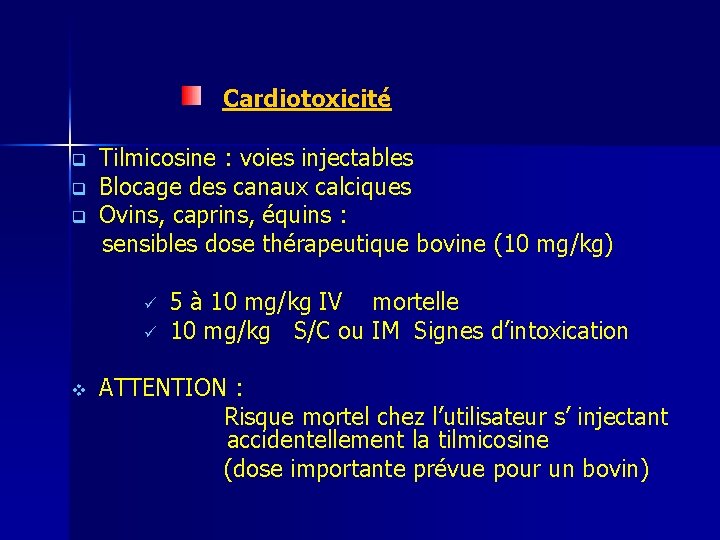 Cardiotoxicité q q q Tilmicosine : voies injectables Blocage des canaux calciques Ovins, caprins,