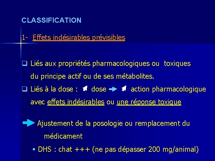 CLASSIFICATION 1 - Effets indésirables prévisibles q Liés aux propriétés pharmacologiques ou toxiques du