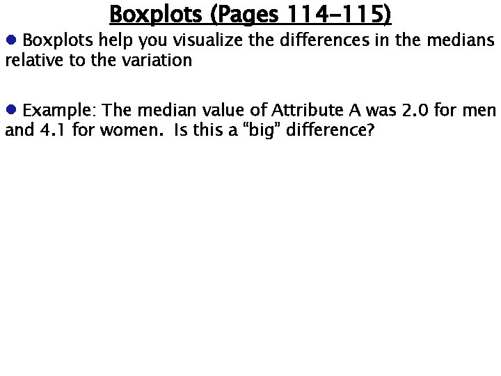 Boxplots (Pages 114 -115) Boxplots help you visualize the differences in the medians relative