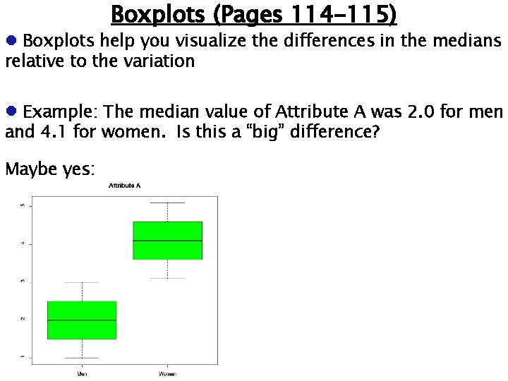 Boxplots (Pages 114 -115) Boxplots help you visualize the differences in the medians relative