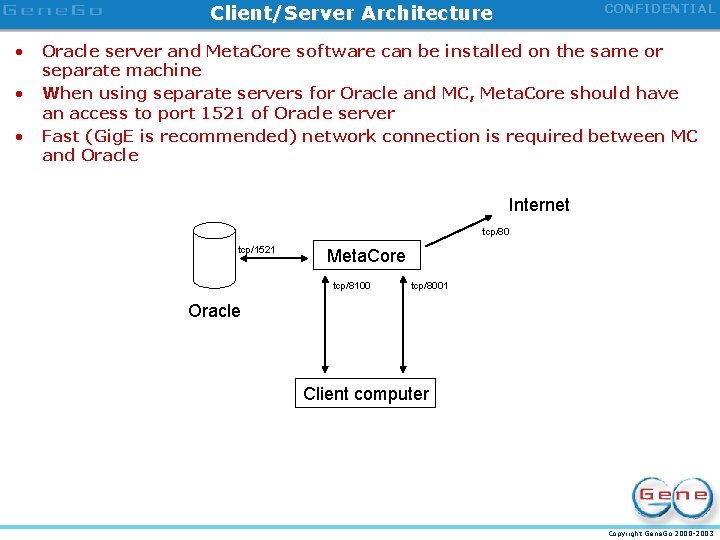 CONFIDENTIAL Client/Server Architecture • • • Oracle server and Meta. Core software can be