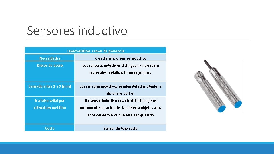 Sensores inductivo Características sensor de presencia Necesidades Características sensor inductivo Discos de acero Los