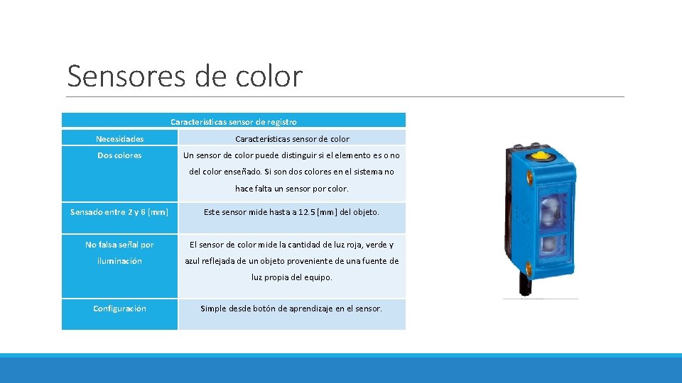 Sensores de color Características sensor de registro Necesidades Características sensor de color Dos colores
