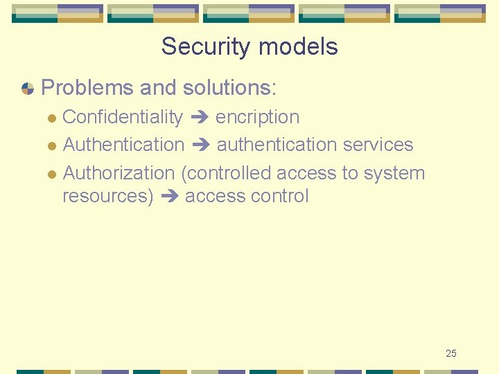 Security models Problems and solutions: Confidentiality encription l Authentication authentication services l Authorization (controlled