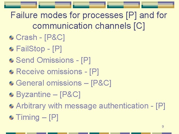 Failure modes for processes [P] and for communication channels [C] Crash - [P&C] Fail.