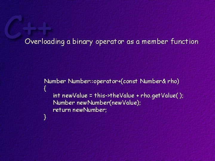 Overloading a binary operator as a member function Number: : operator+(const Number& rho) {