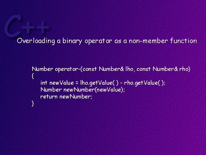 Overloading a binary operator as a non-member function Number operator-(const Number& lho, const Number&