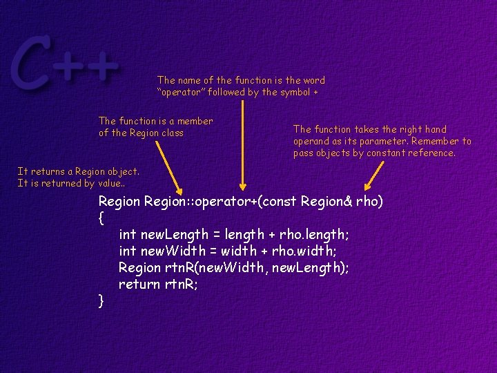The name of the function is the word “operator” followed by the symbol +