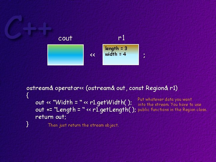 r 1 cout << length = 3 width = 4 ; ostream& operator<< (ostream&