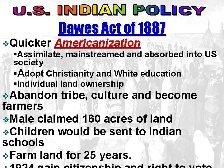 Dawes Act of 1887 v. Quicker Americanization §Assimilate, mainstreamed and absorbed into US society