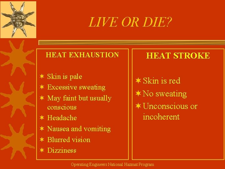 LIVE OR DIE? HEAT EXHAUSTION ¬ Skin is pale ¬ Excessive sweating ¬ May