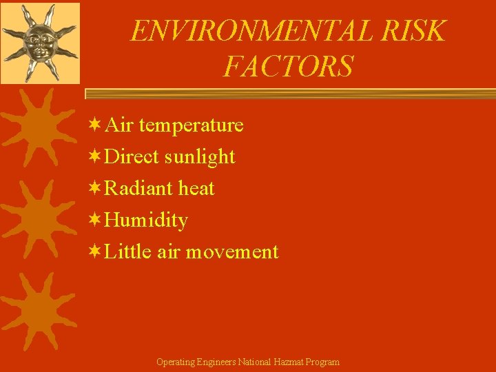 ENVIRONMENTAL RISK FACTORS ¬Air temperature ¬Direct sunlight ¬Radiant heat ¬Humidity ¬Little air movement Operating