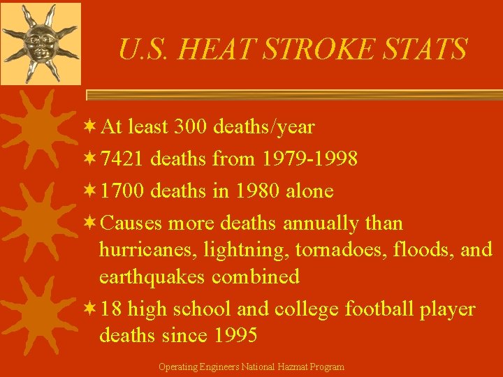 U. S. HEAT STROKE STATS ¬At least 300 deaths/year ¬ 7421 deaths from 1979