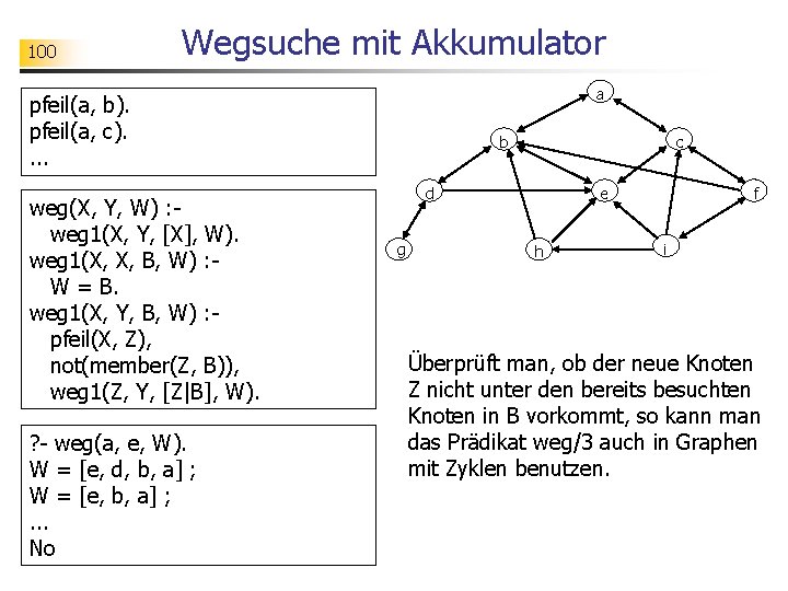 100 Wegsuche mit Akkumulator a pfeil(a, b). pfeil(a, c). . weg(X, Y, W) :