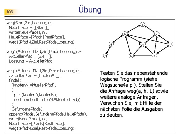 103 Übung weg(Start, Ziel, Loesung) : Neue. Pfade = [[Start]], write(Neue. Pfade), nl, Neue.