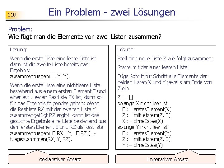 110 Ein Problem - zwei Lösungen Problem: Wie fügt man die Elemente von zwei