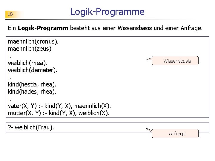 18 Logik-Programme Ein Logik-Programm besteht aus einer Wissensbasis und einer Anfrage. maennlich(cronus). maennlich(zeus). .