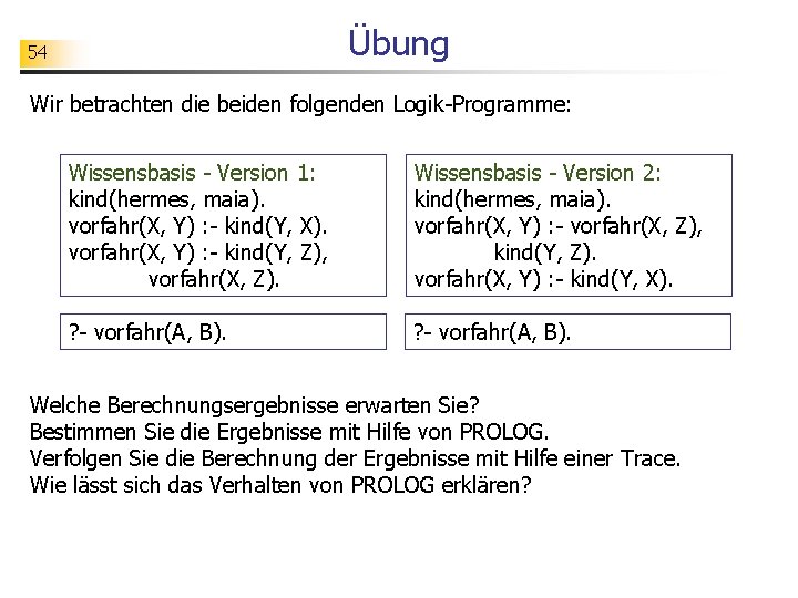 Übung 54 Wir betrachten die beiden folgenden Logik-Programme: Wissensbasis - Version 1: kind(hermes, maia).