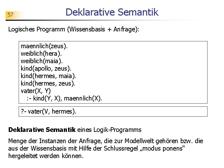 57 Deklarative Semantik Logisches Programm (Wissensbasis + Anfrage): maennlich(zeus). weiblich(hera). weiblich(maia). kind(apollo, zeus). kind(hermes,