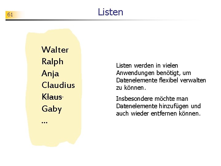 Listen 61 Walter Ralph Anja Claudius Klaus Gaby. . . Listen werden in vielen