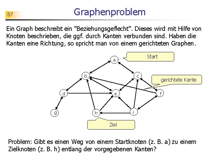 Graphenproblem 87 Ein Graph beschreibt ein "Beziehungsgeflecht". Dieses wird mit Hilfe von Knoten beschrieben,