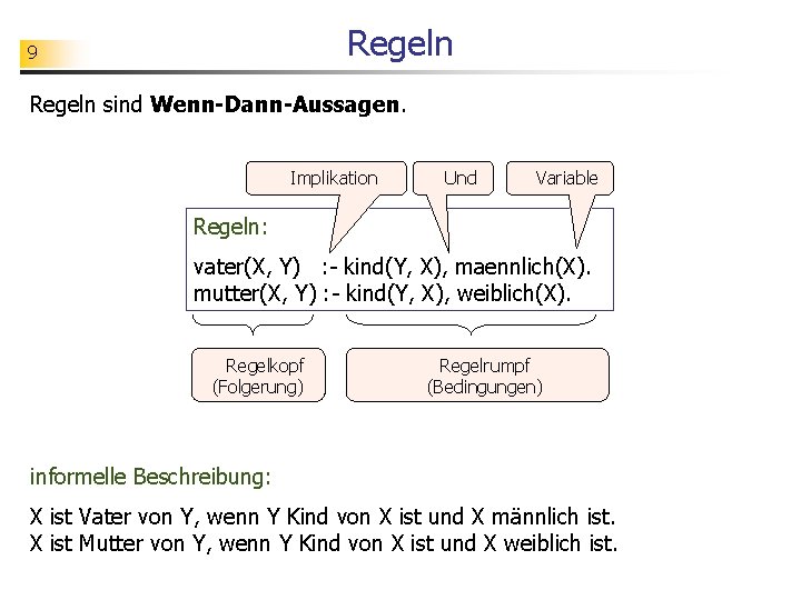 Regeln 9 Regeln sind Wenn-Dann-Aussagen. Implikation Und Variable Regeln: vater(X, Y) : - kind(Y,