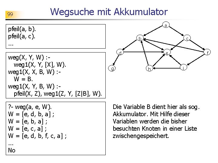 99 Wegsuche mit Akkumulator a pfeil(a, b). pfeil(a, c). . weg(X, Y, W) :